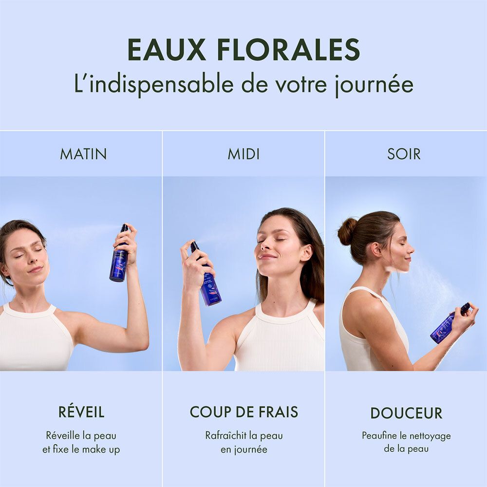 Trois images montrent une femme utilisant Melvita Eau Florale de Bleuet. Matin, midi, soir.