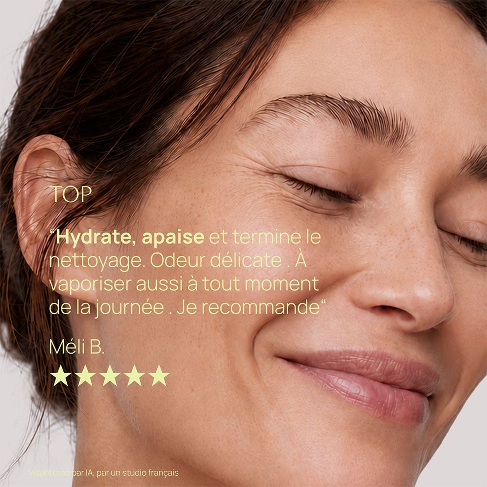 Gros plan d'une femme utilisant le produit, avec une citation sur ses propriétés apaisantes.
