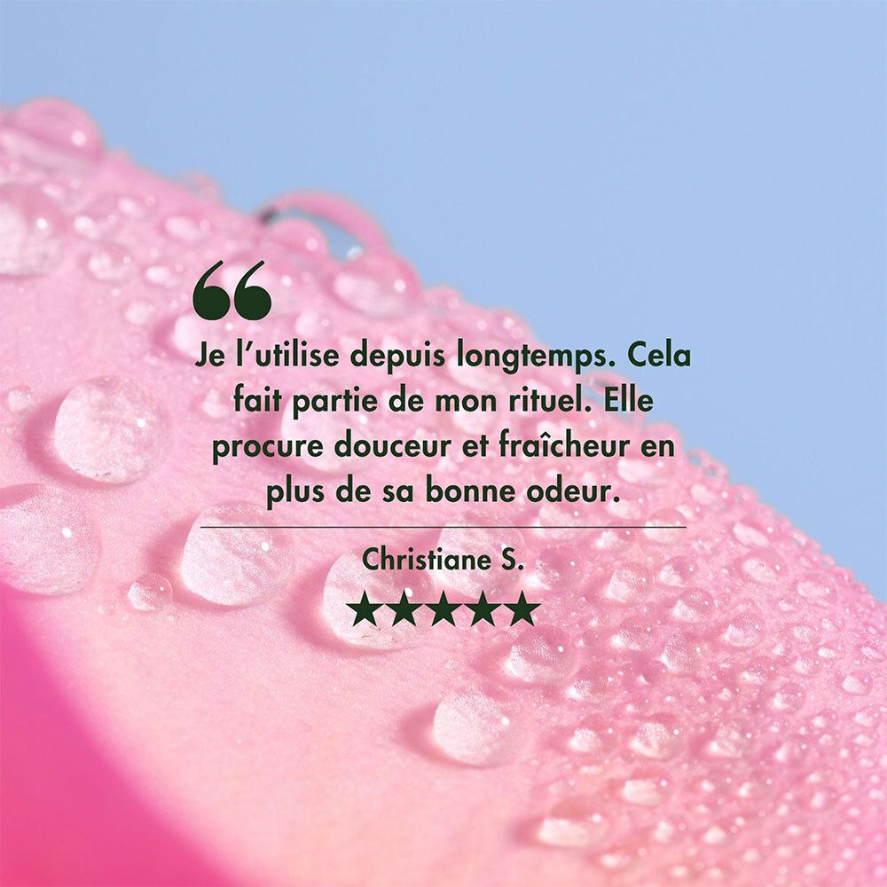Gros plan d'une rose rose avec des gouttes d'eau. Citation et évaluation 5 étoiles.