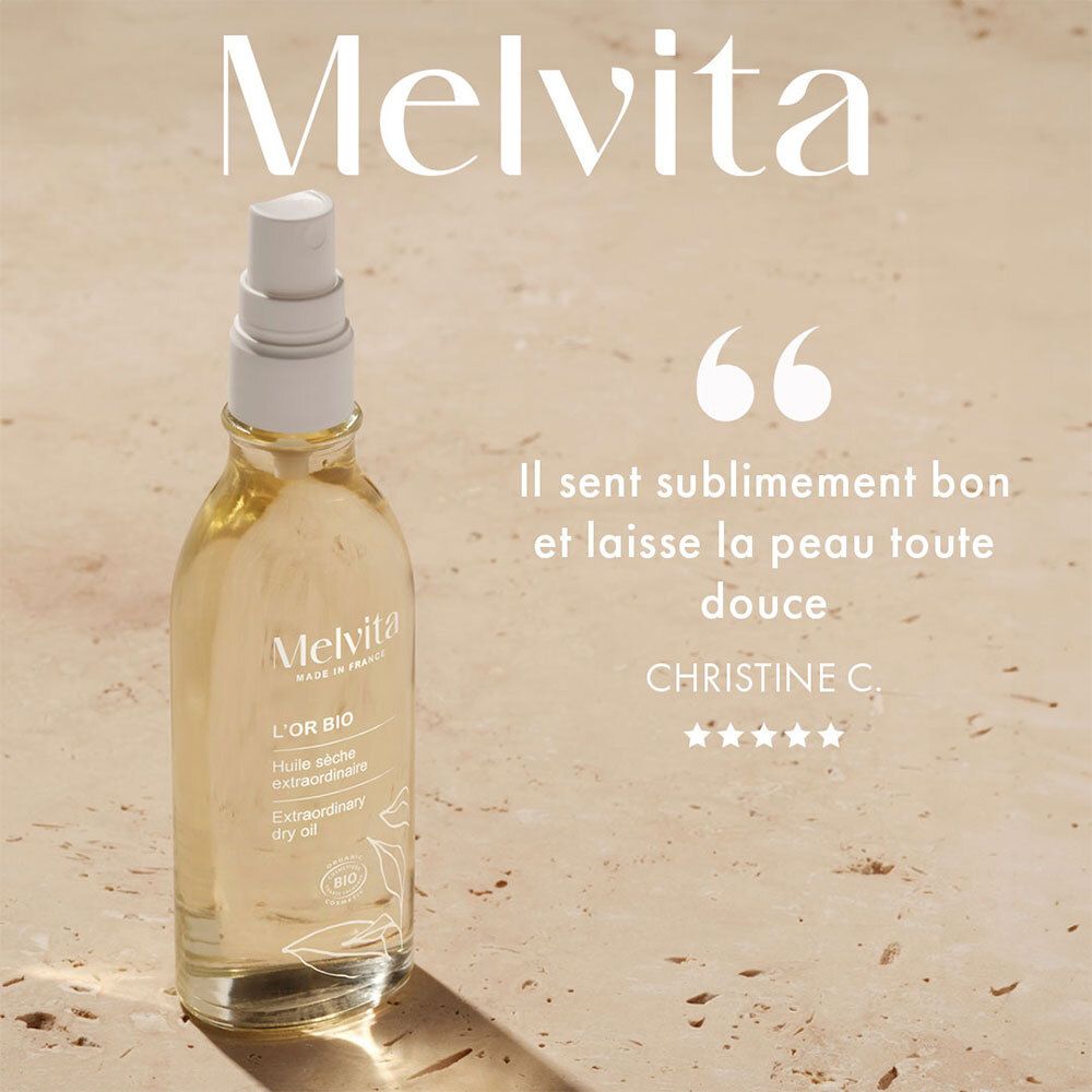 Flacon d'huile Melvita L'Or Bio. Citation : Il sent sublimement bon et laisse la peau toute douce.