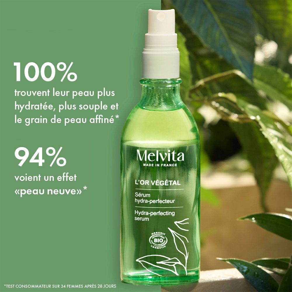 Bouteille verte sur fond vert. Texte : 100% trouvent leur peau plus hydratée, plus souple. 94% voient un effet.