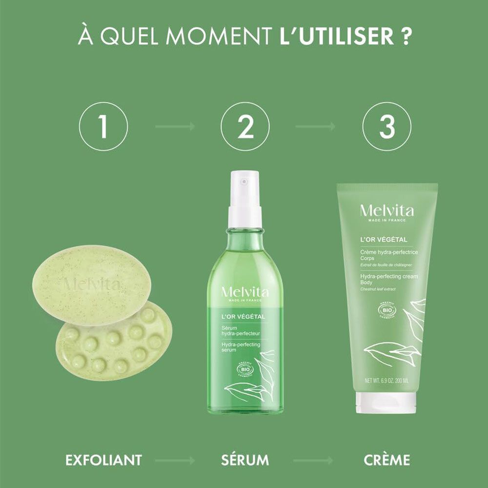 Trois produits : savon, sérum, crème. Texte : MELVITA, L'OR VÉGÉTAL. Vert et blanc.