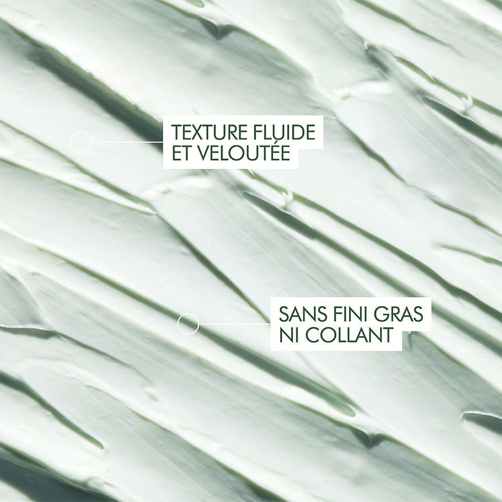 Crème sur fond clair. Texte : Texture fluide et veloutée, Sans fini gras ni collant.