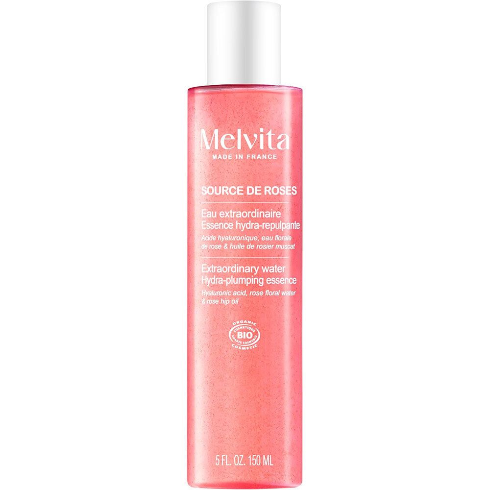 Flacon d'essence de rose à bouchon blanc. Logo Melvita et nom du produit. Certification BIO.