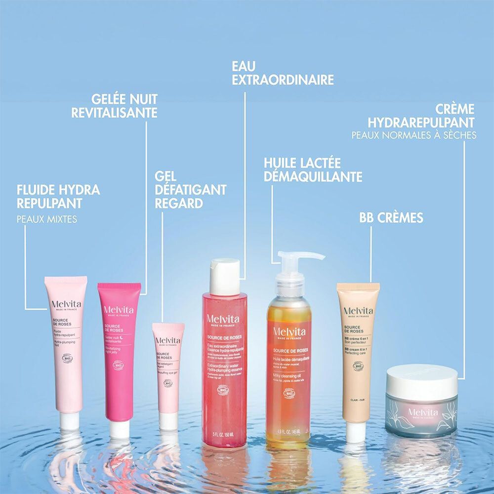 Divers produits Melvita. Flacon d'essence de rose, autres flacons, crèmes et tubes.