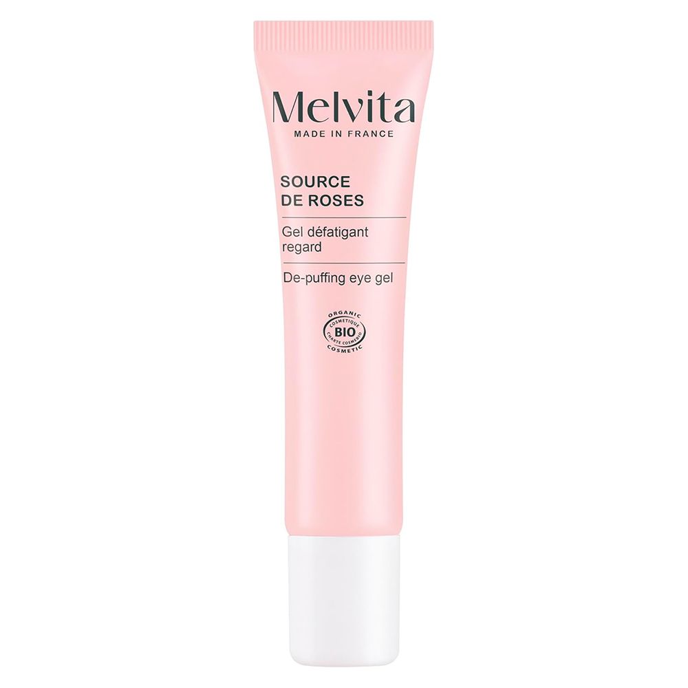 Tube de gel pour les yeux Source de Roses. Marque Melvita. Certification Bio. Tube rose, bouchon blanc.