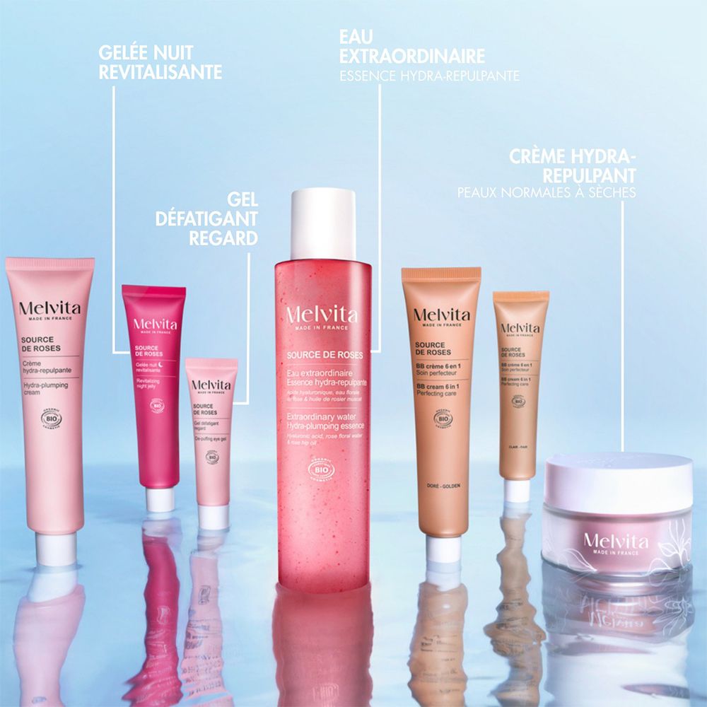 Plusieurs produits Melvita. Gel Défatigant Regard, Gelée Nuit Revitalisante, Eau Extraordinaire, Crème Hydra-Repulpant.