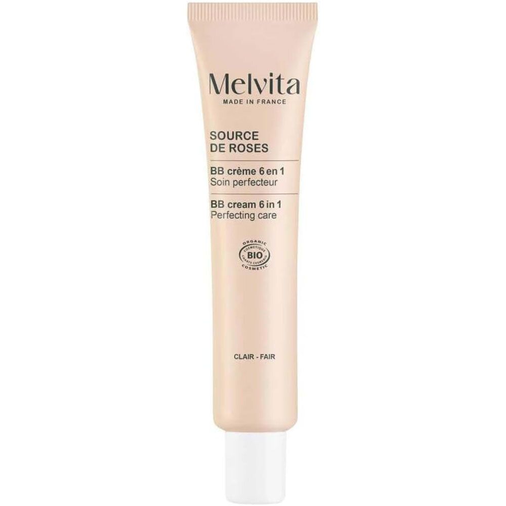 Tube beige. Melvita Source de Roses BB Cream 6 en 1 Clear. Certification Bio. Bouchon blanc.