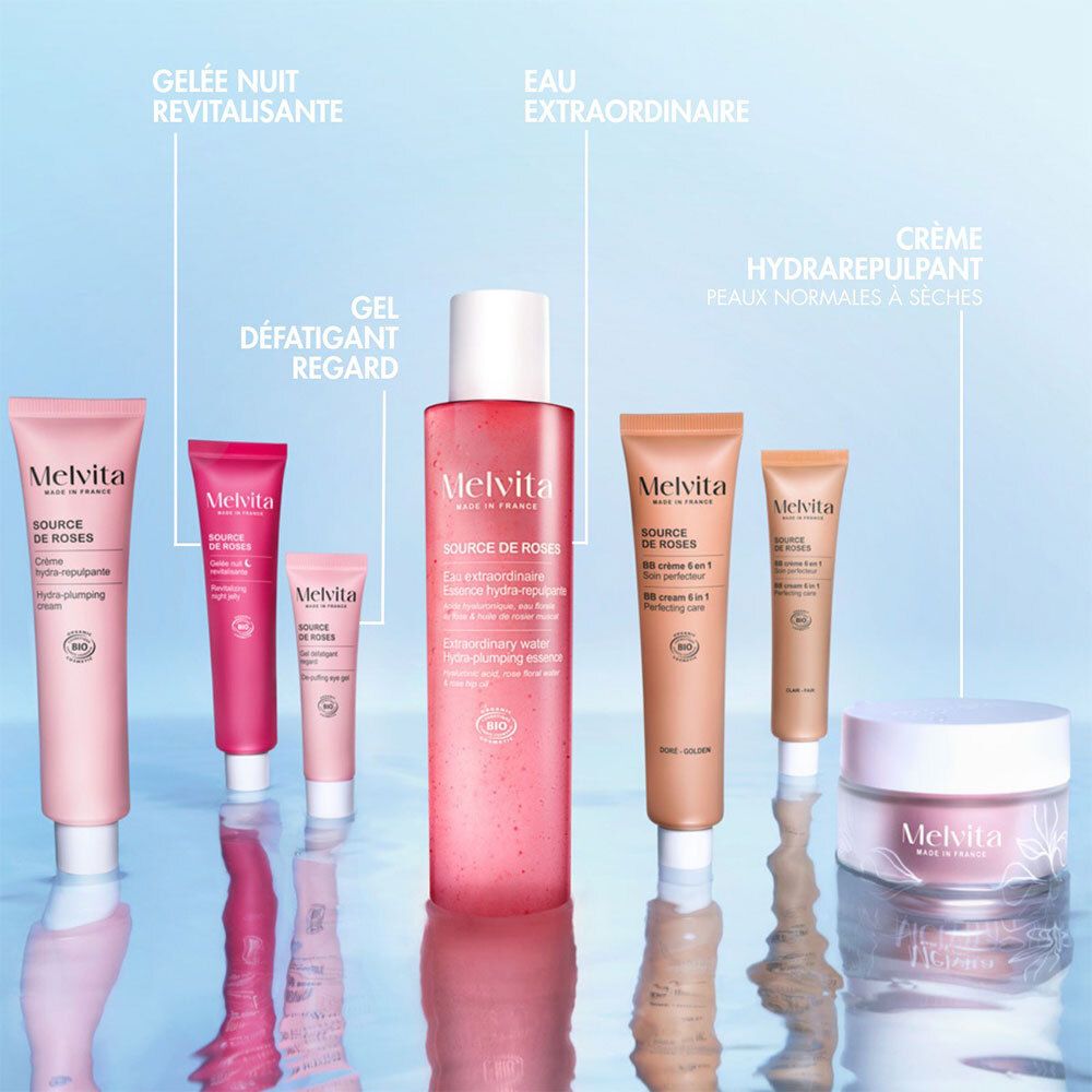 Différents produits Melvita. Gelée Nuit Revitalisante, Gel Défatigant Regard, Eau Extraordinaire, Crème Hydrapulpant.