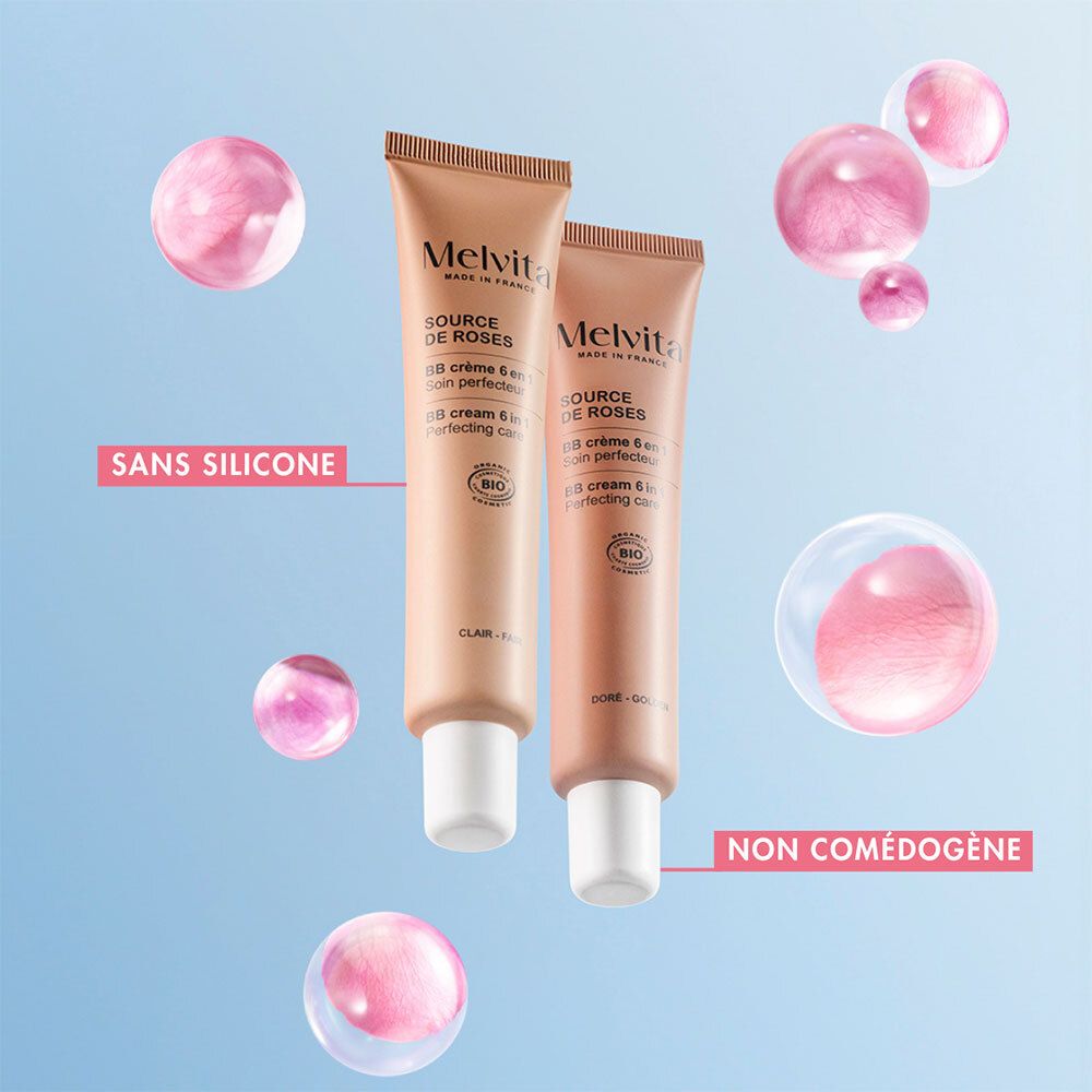 Deux tubes de BB Cream. Sans silicone. Non comédogène. Bulles roses. Fond bleu.