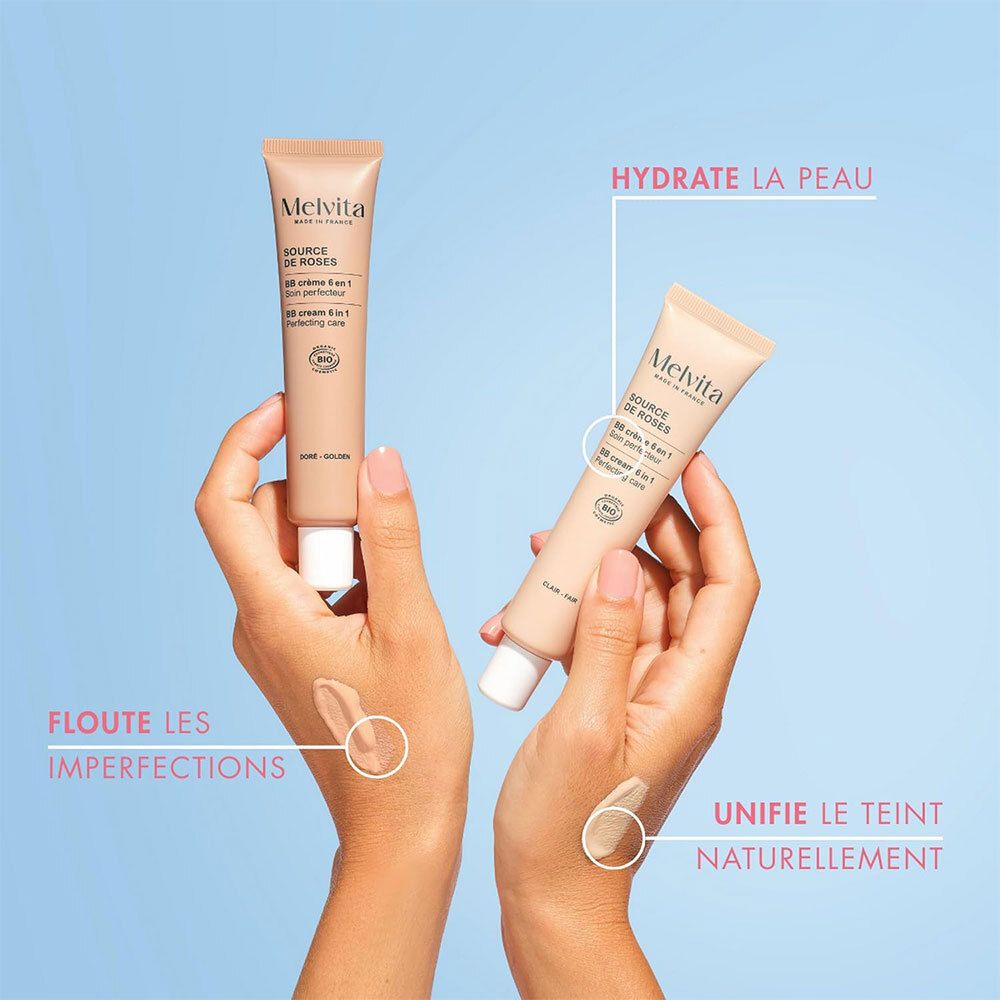 Mains tenant deux tubes de crème BB. Texte : Hydrate la peau, Floute les imperfections, Unifie le teint naturellement.