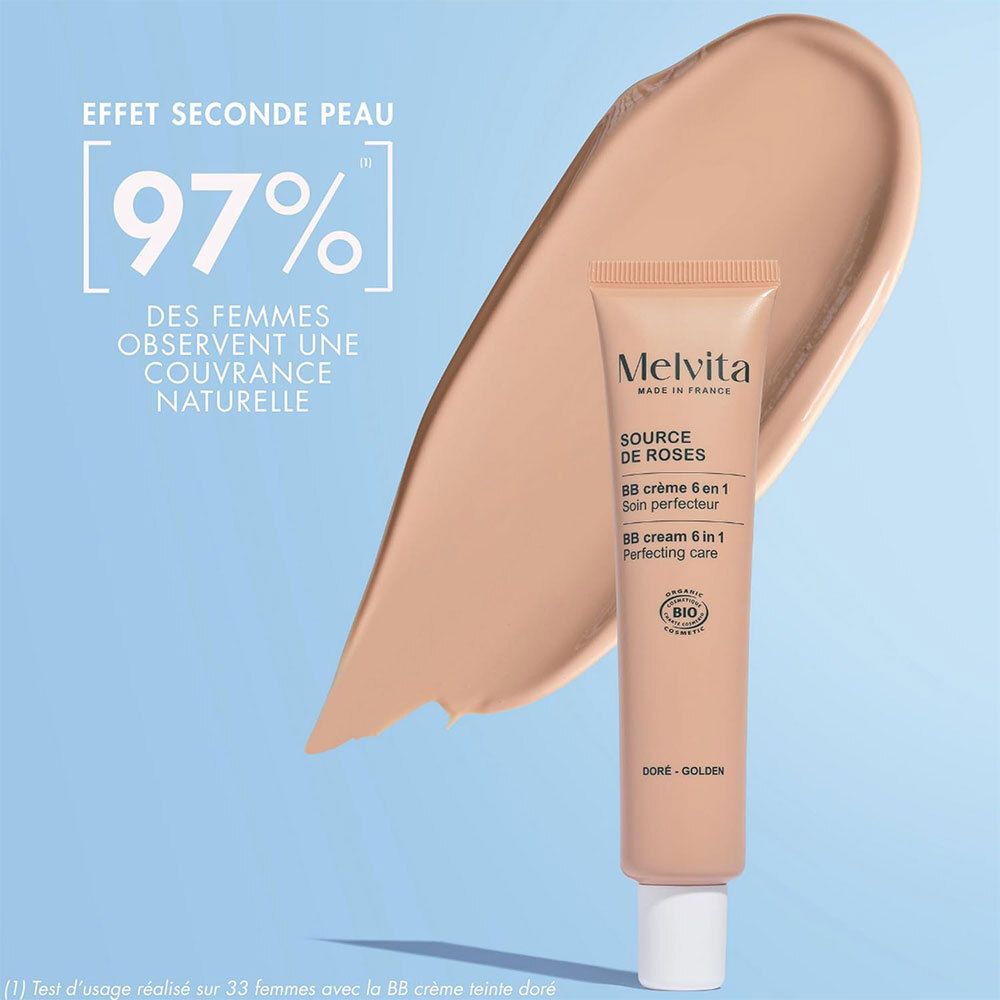 Tube de crème BB et étalement de crème. Texte : 97% des femmes observent une couvrance naturelle.