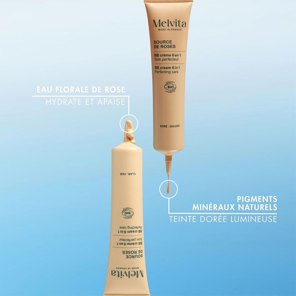 Deux tubes de crème BB. Texte : Eau florale de rose hydrate et apaise, Pigments minéraux naturels, Teinte dorée lumineuse.