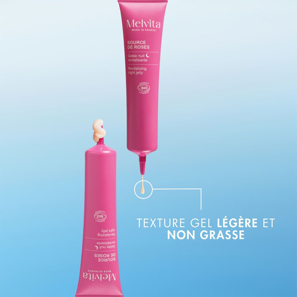 Deux tubes roses. Texte : Texture Gel léger et non grasse. Produit sortant du tube. Fond bleu.