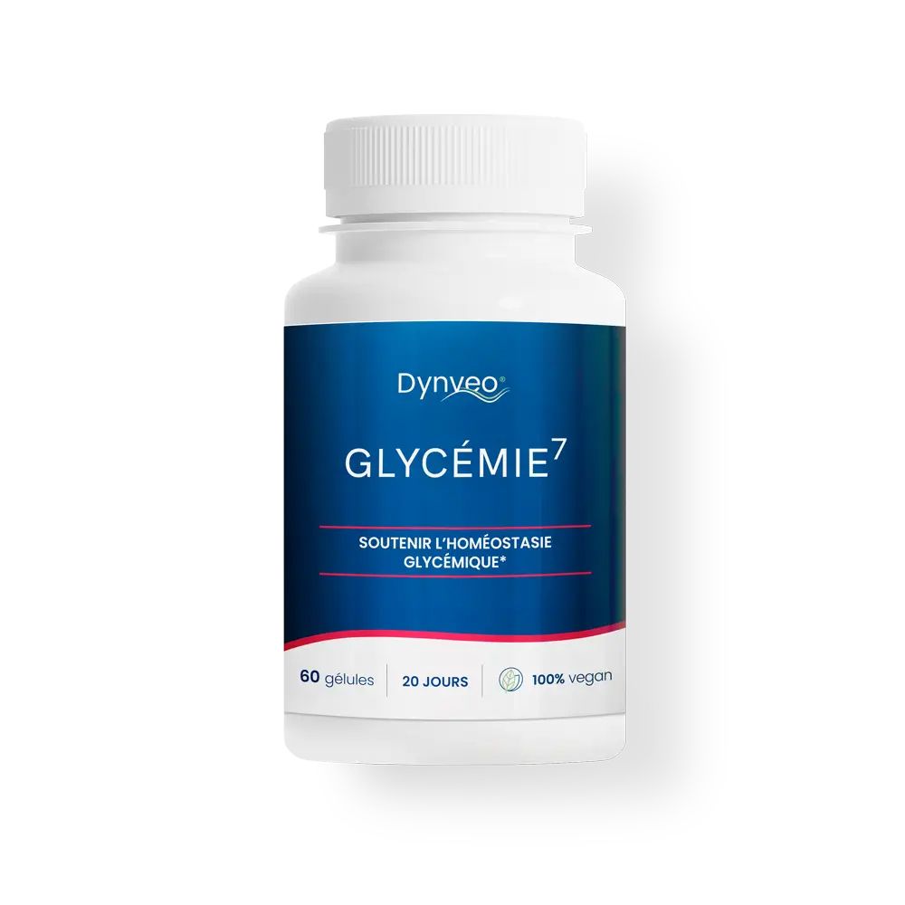 Flacon blanc avec étiquette bleue : Dynveo Glycémie 7, 60 gélules, 20 jours, 100% vegan.
