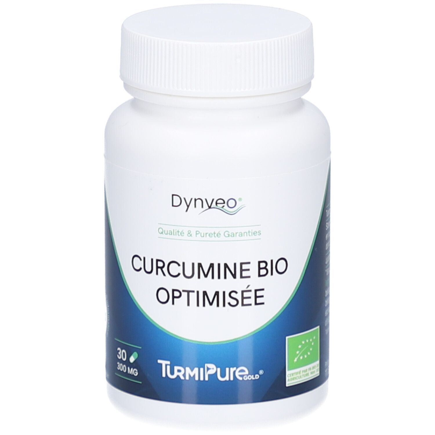Flacon blanc de gélules. Inscription: CURCUMINE BIO OPTIMISEE. Logo: Dynveo. 30 gélules. Label bio.