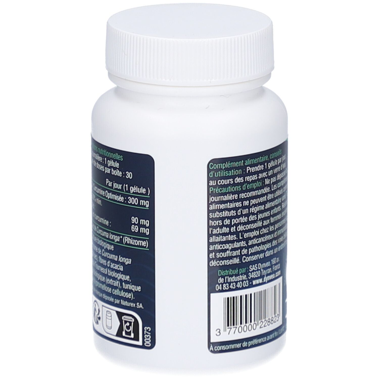 Dos du flacon blanc. Texte avec ingrédients et dosage. Code-barres. Inscription: 30 gélules.