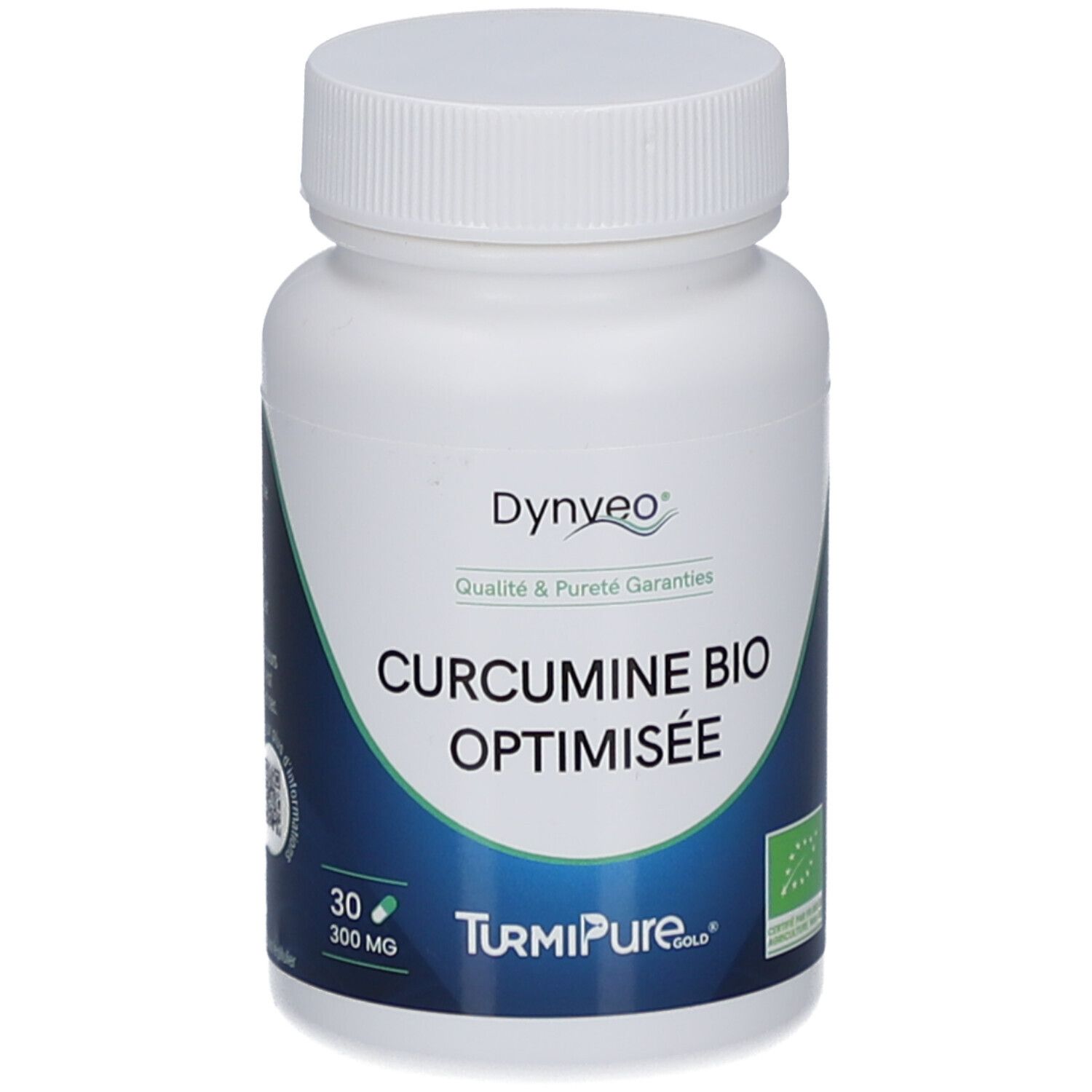 Flacon blanc de gélules. Inscription: CURCUMINE BIO OPTIMISEE. Logo: Dynveo. 30 gélules. Label bio.