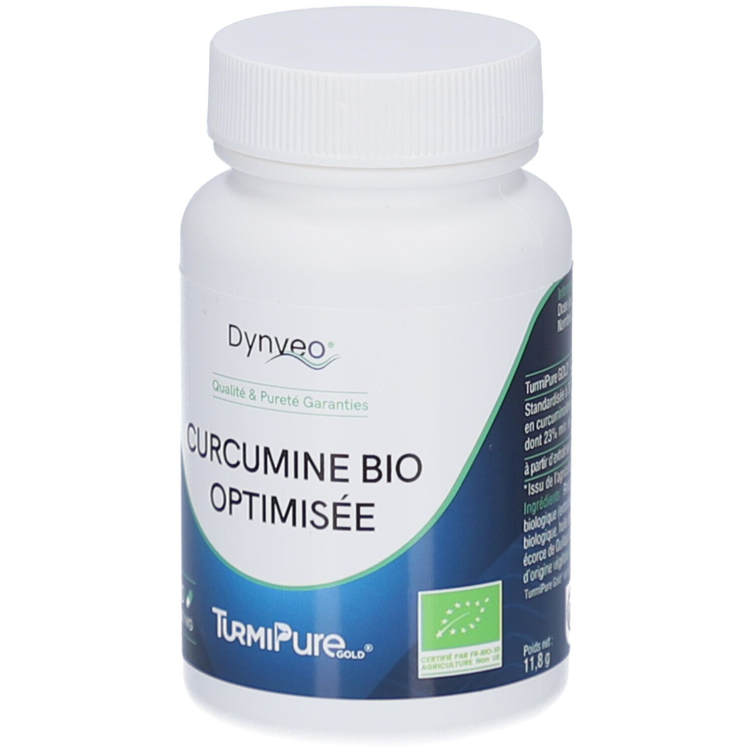 Flacon blanc de gélules. Inscription: CURCUMINE BIO OPTIMISEE. Logo: Dynveo. Label bio. Poids: 11,8 g.