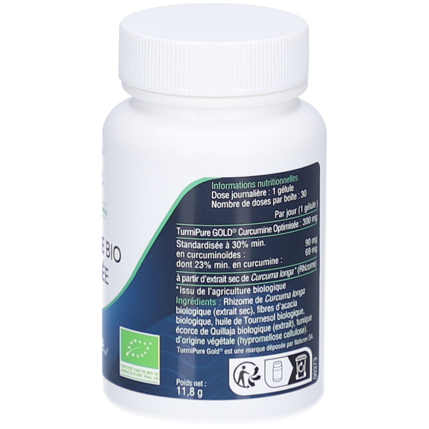 Dos du flacon blanc. Texte avec ingrédients et dosage. Label bio. Poids: 11,8 g.