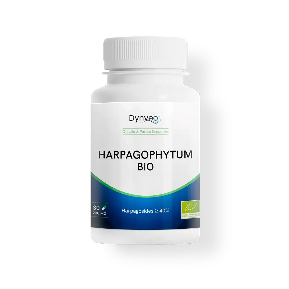 Flacon Dynveo Harpagophytum BIO avec étiquette indiquant "Harpagophytum BIO" et le label Bio.