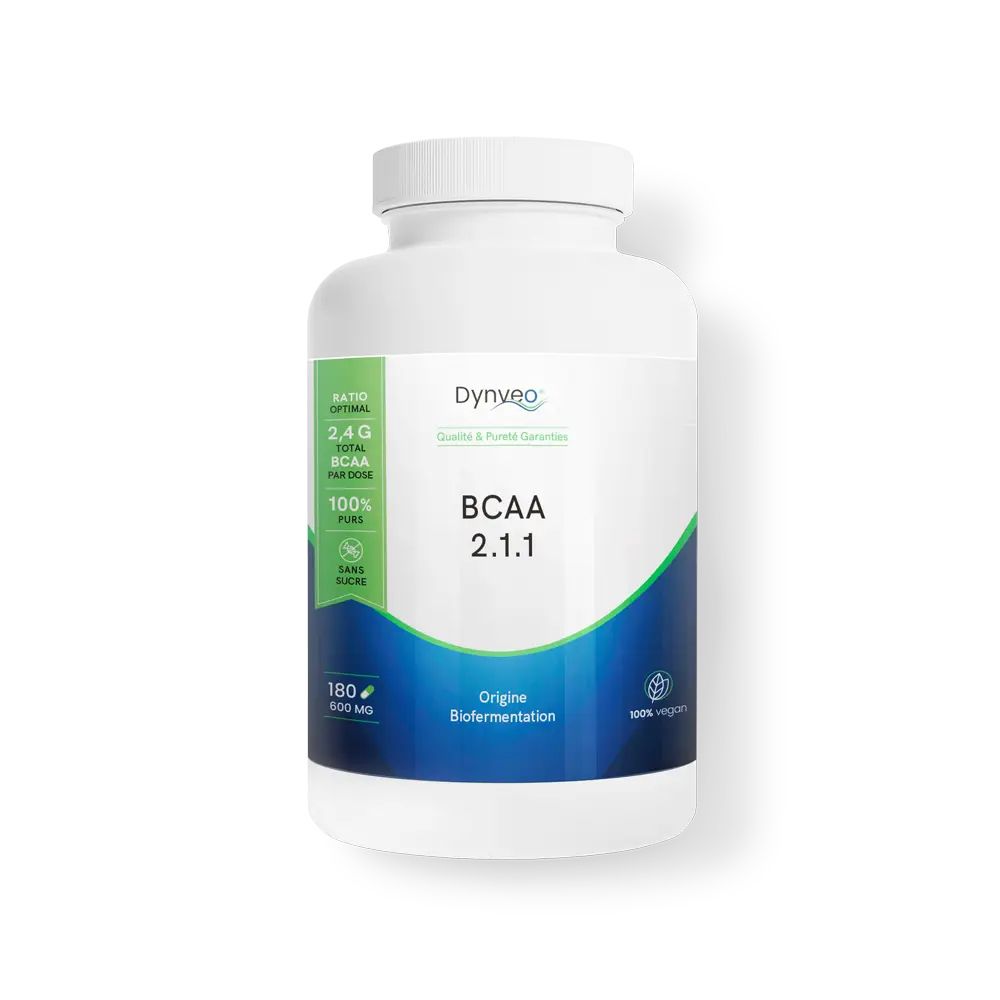 Pot blanc avec étiquette Dynveo BCAA 2.1.1. Contient 180 gélules.
