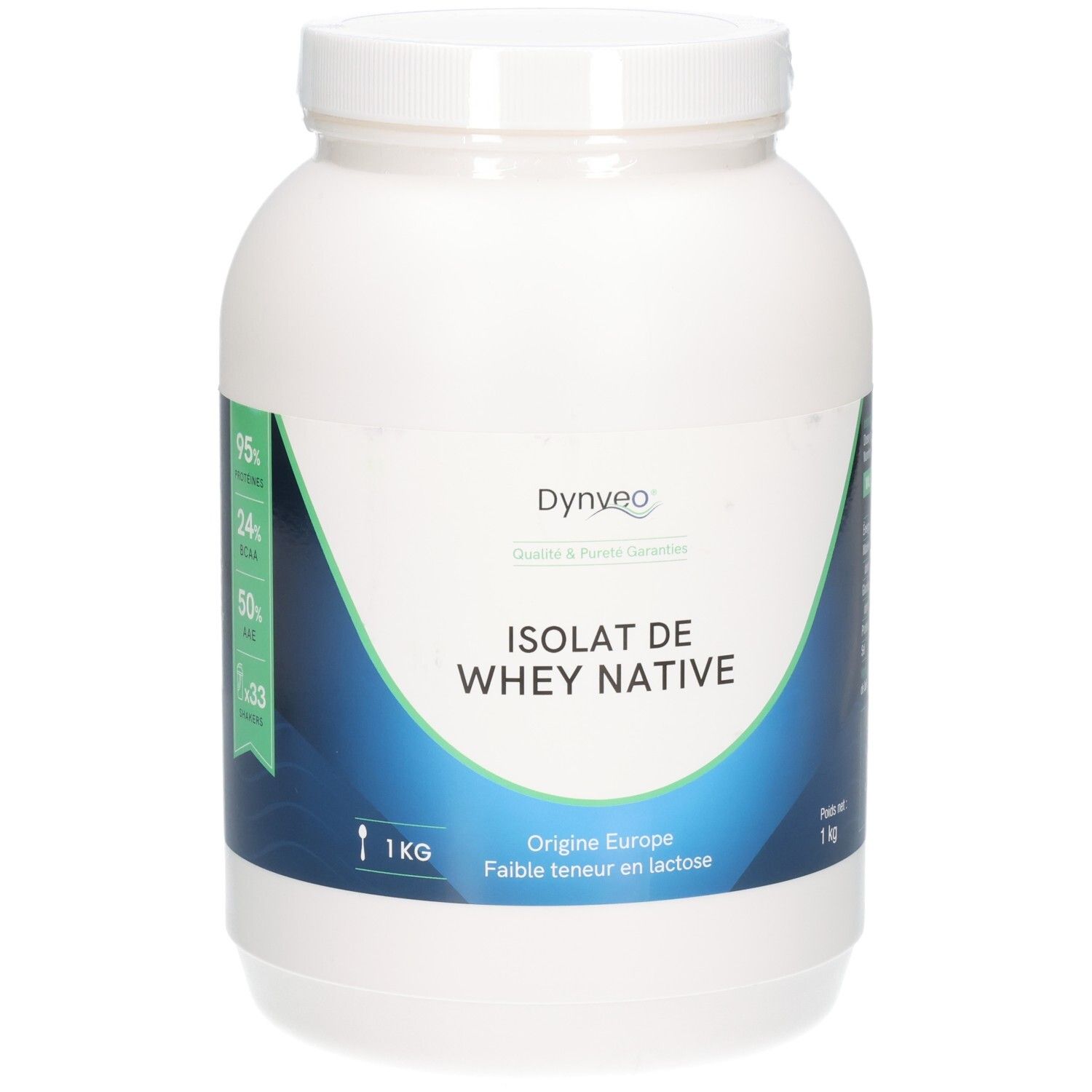 Pot blanc avec étiquette bleue. Inscription: ISOLAT DE WHEY NATIVE, 1 kg. Marque: Dynveo. Origine Europe. Faible teneur en lactose.