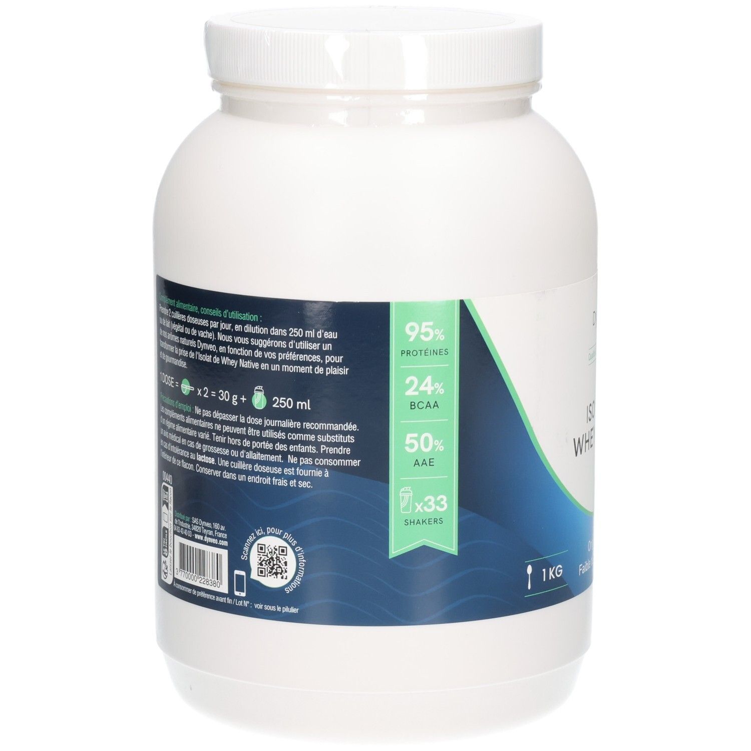 Pot blanc, dos avec étiquette bleue. Contient des informations sur la teneur en protéines, BCAA et AAE. 1 kg. Texte en français.