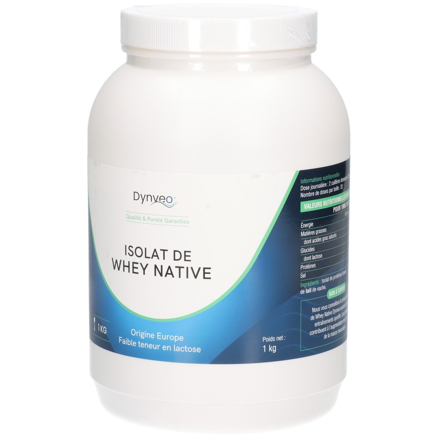 Pot blanc avec étiquette bleue. Inscription: ISOLAT DE WHEY NATIVE, 1 kg. Marque: Dynveo. Informations nutritionnelles. Texte en français.