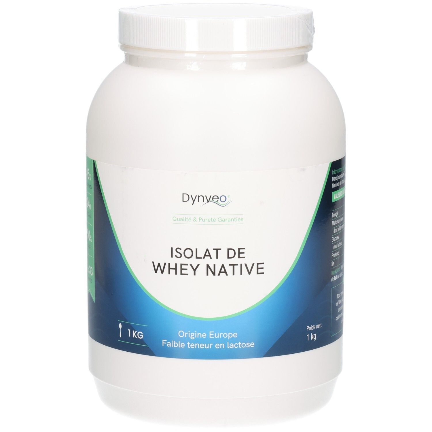 Pot blanc avec étiquette bleue. Inscription: ISOLAT DE WHEY NATIVE, 1 kg. Marque: Dynveo. Texte en français.