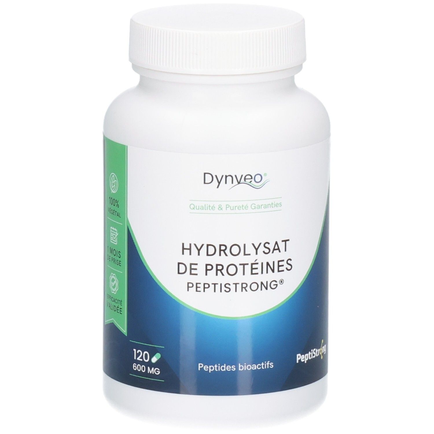 Flacon blanc avec étiquette verte. Texte: Dynveo, Hydrolysat de protéines Peptistrong, 120 gélules, 600 mg.