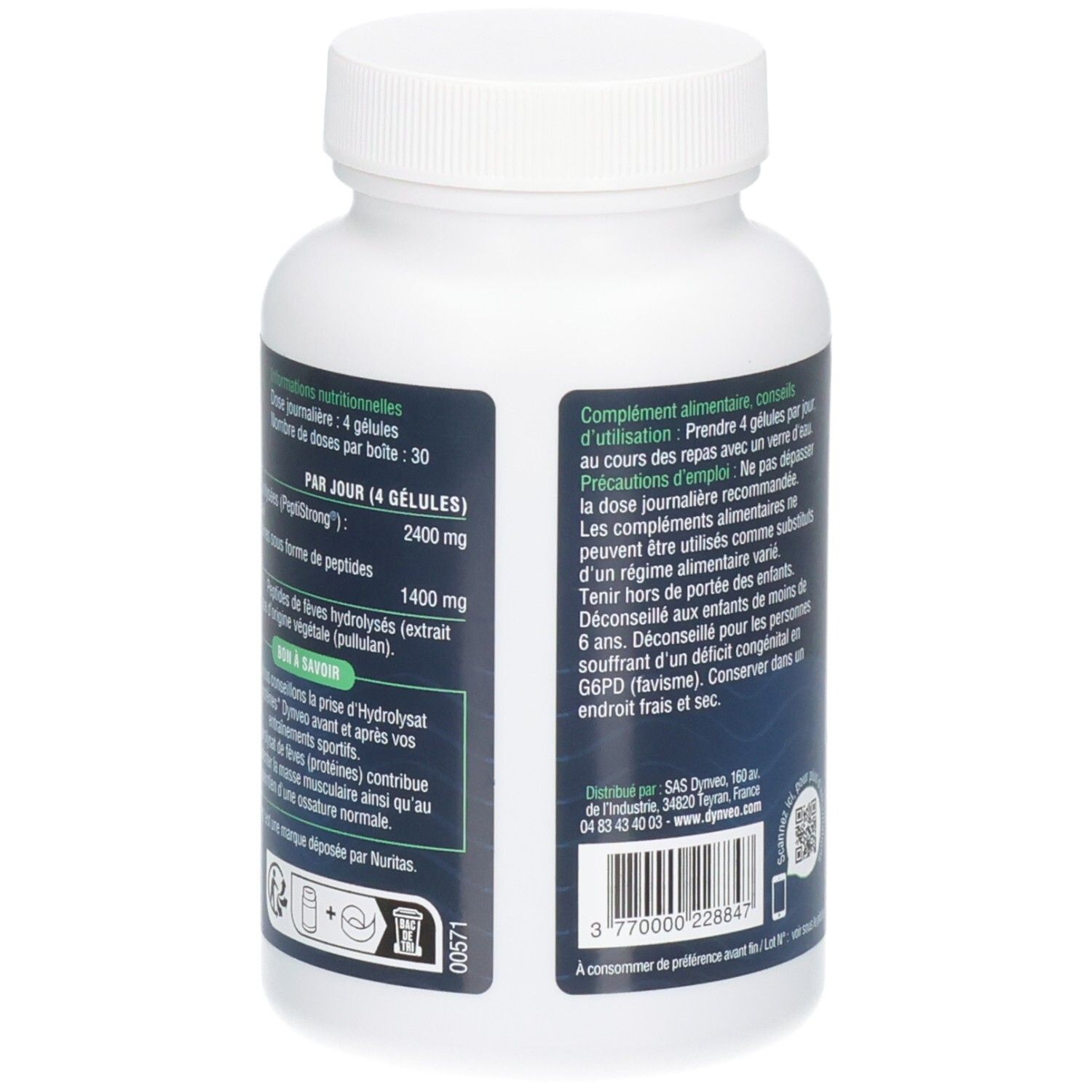 Dos du flacon blanc. Texte: Informations nutritionnelles, conseils d'utilisation, avertissements, informations fabricant.