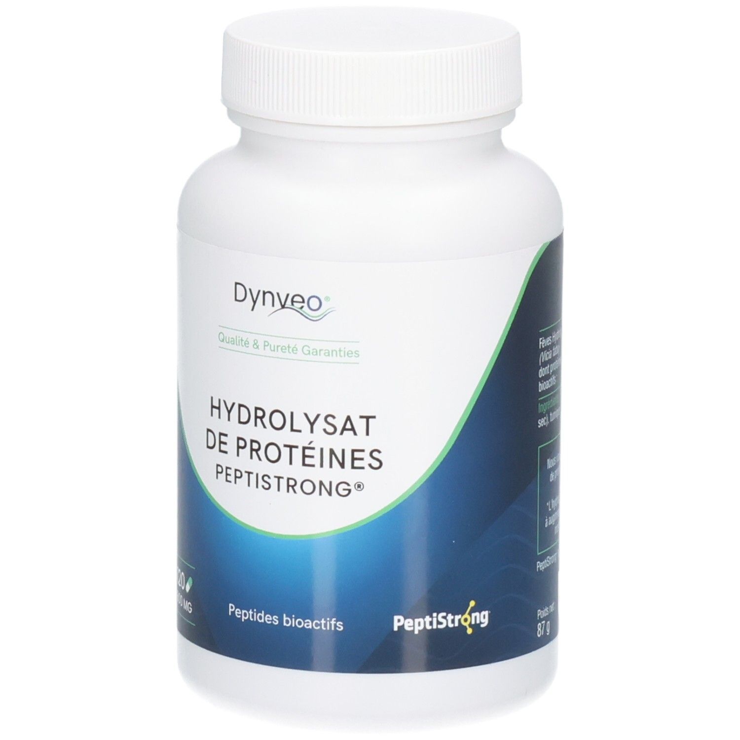 Flacon blanc avec étiquette bleue. Texte: Dynveo, Hydrolysat de protéines Peptistrong, Peptides bioactifs.