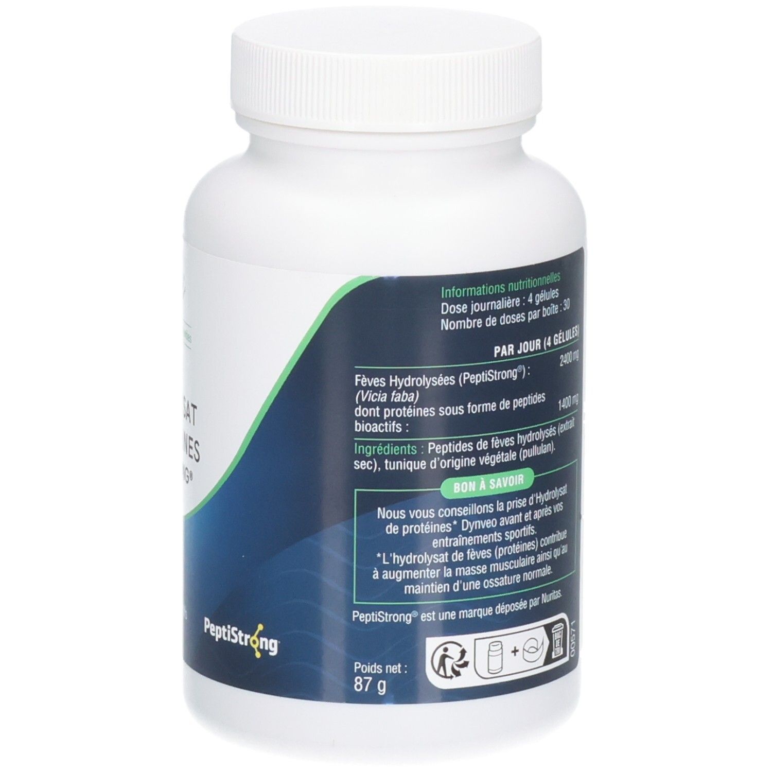 Dos du flacon blanc. Texte: Informations nutritionnelles, ingrédients, conseils, poids net 87 g.