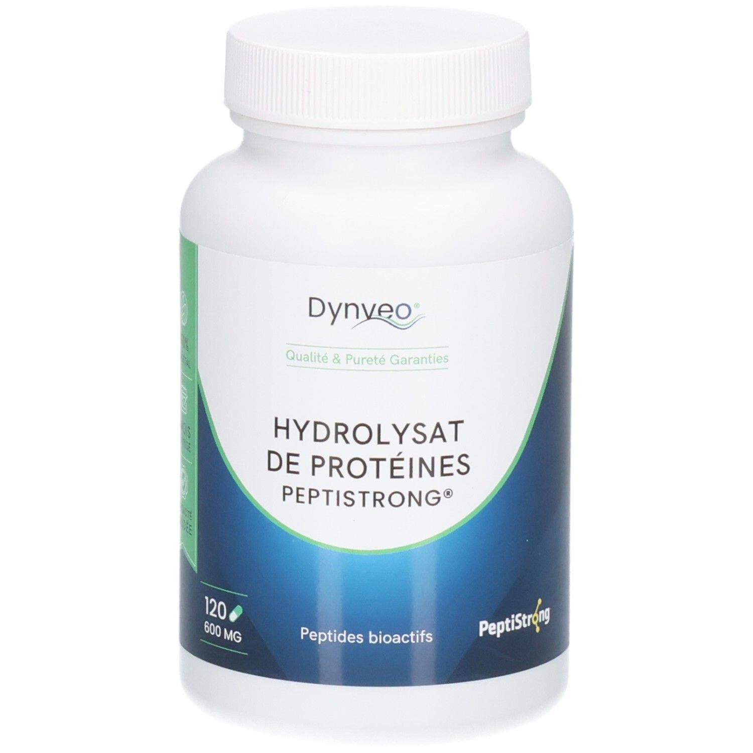 Flacon blanc avec étiquette verte. Texte: Dynveo, Hydrolysat de protéines Peptistrong, 120 gélules, 600 mg.