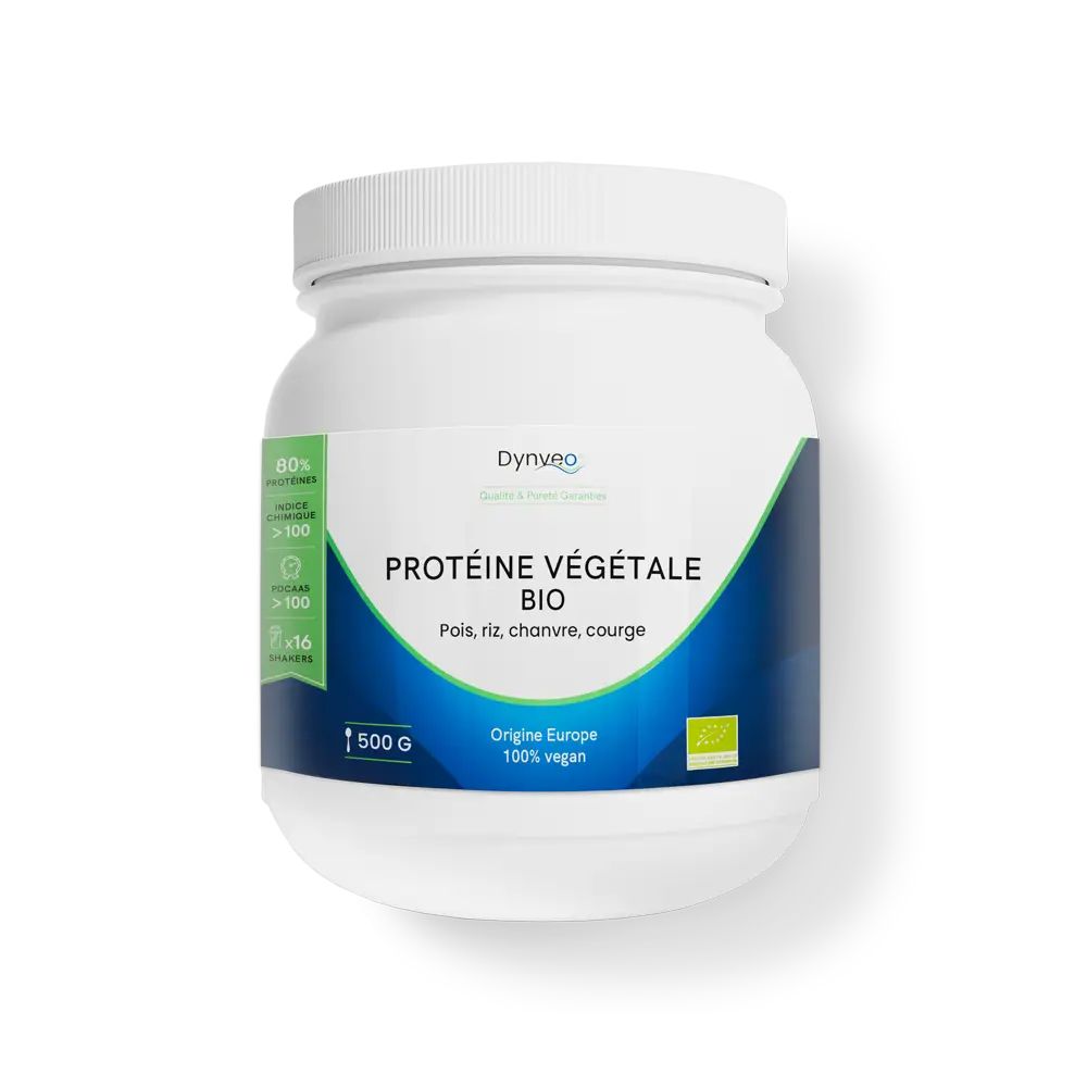 Pot blanc Dynveo Protéine Végétale Bio, 500g, à base de pois, riz et chanvre. Origine UE, 100% vegan.