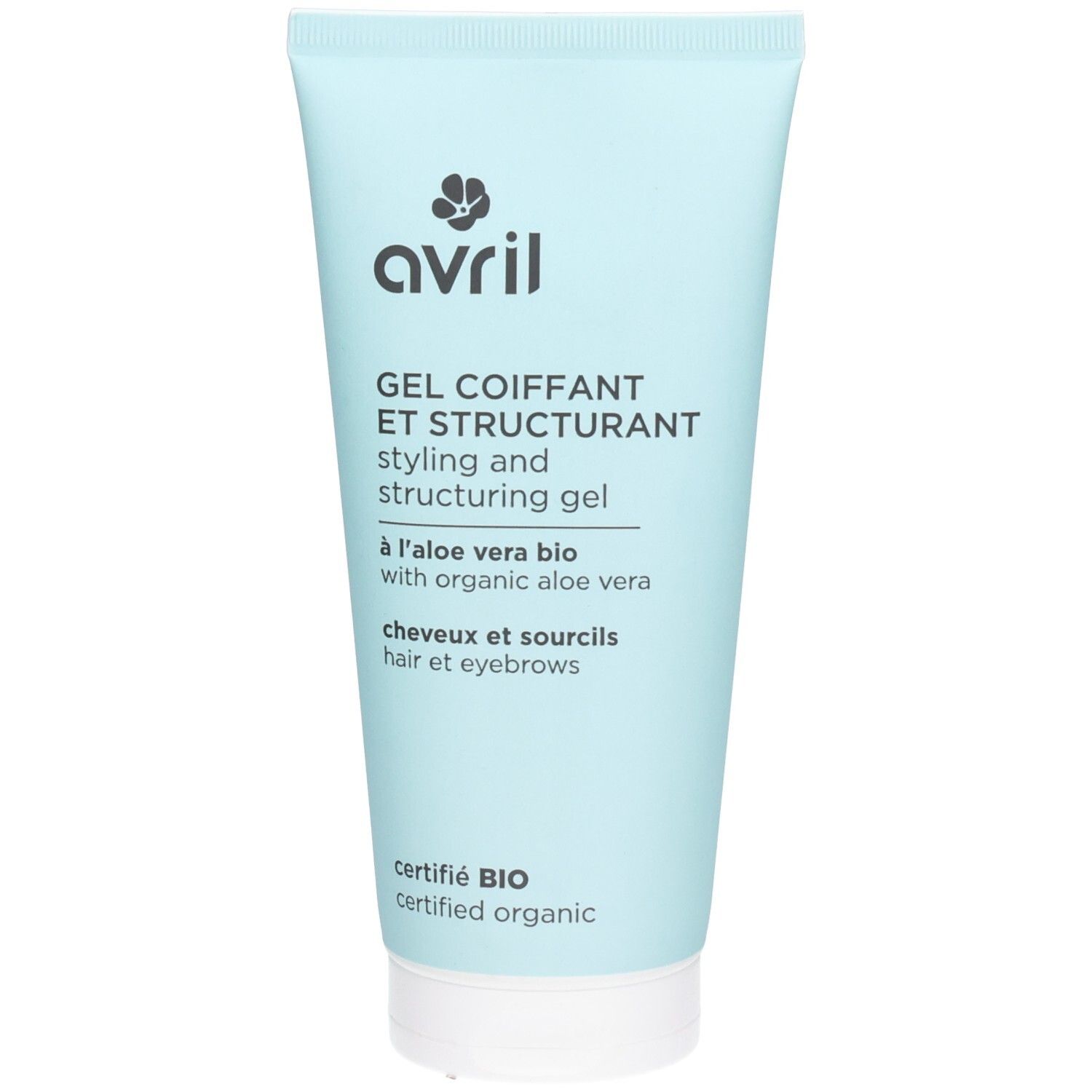 Tube de gel coiffant bleu clair. Inscription: Avril, Gel Coiffant et Structurant, à l'aloe vera bio. Certifié BIO.