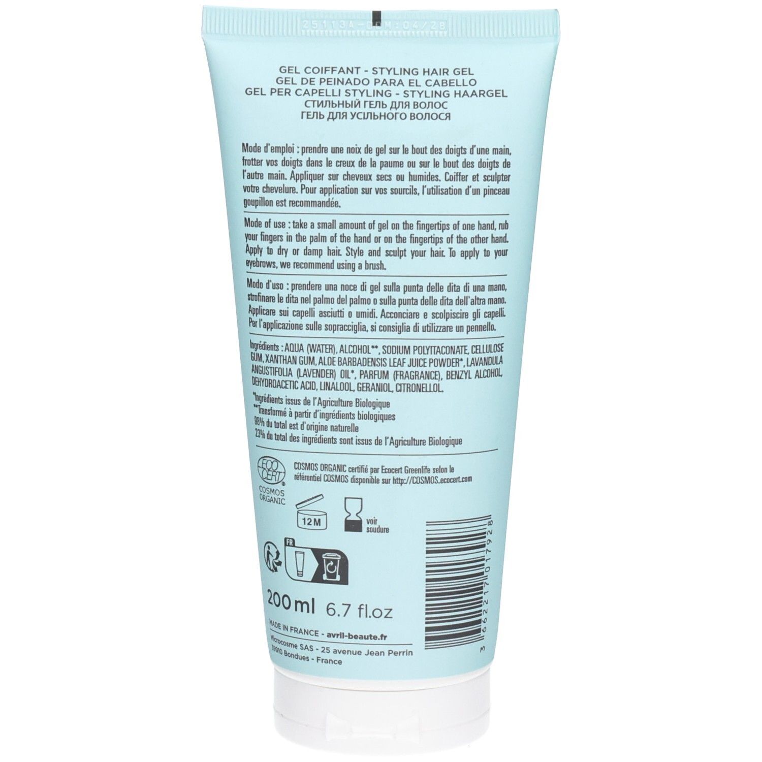 Dos du tube bleu clair. Texte: Gel Coiffant - Styling Hair Gel. Ingrédients, mode d'emploi, certifications.