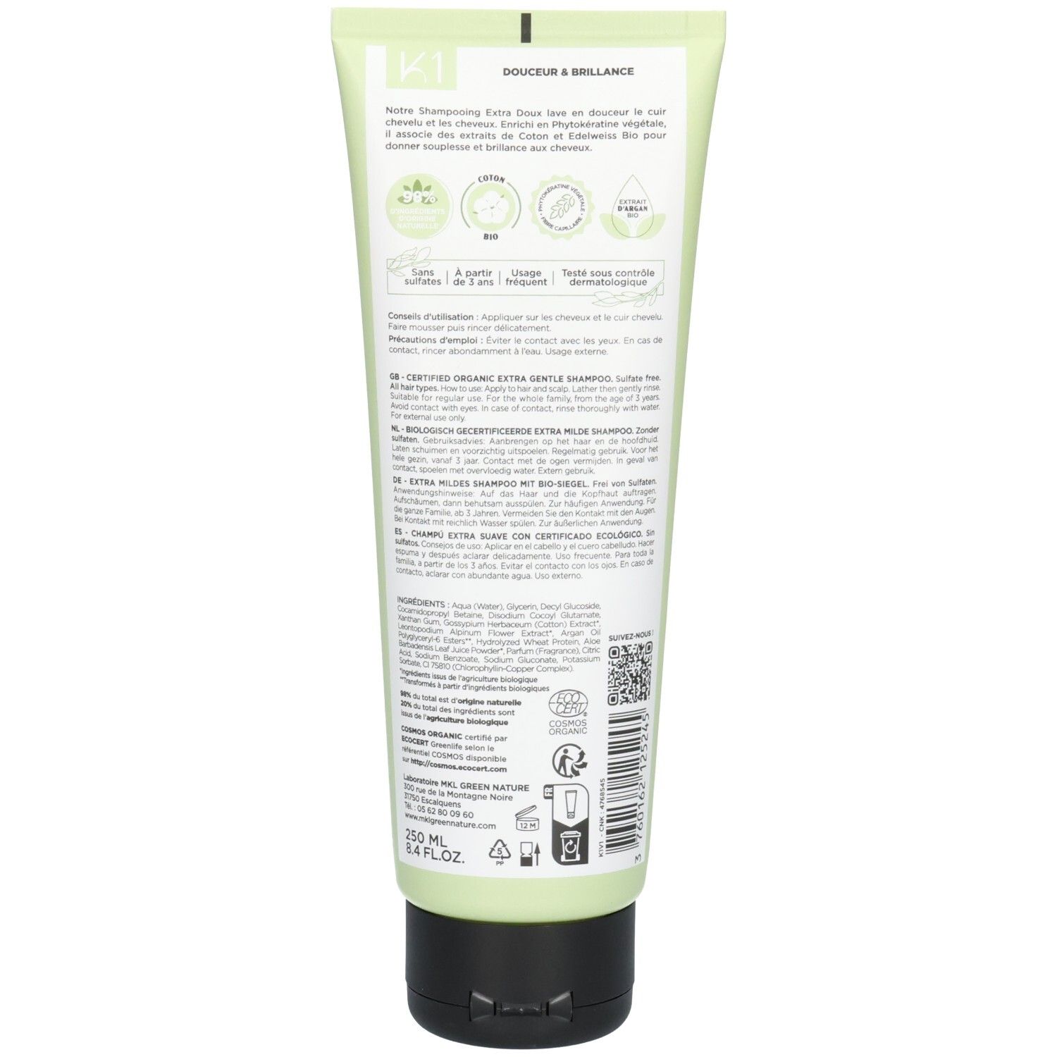 Dos du flacon MKL Green Nature K1 Bio Shampoo Extra Milde avec ingrédients et certifications.