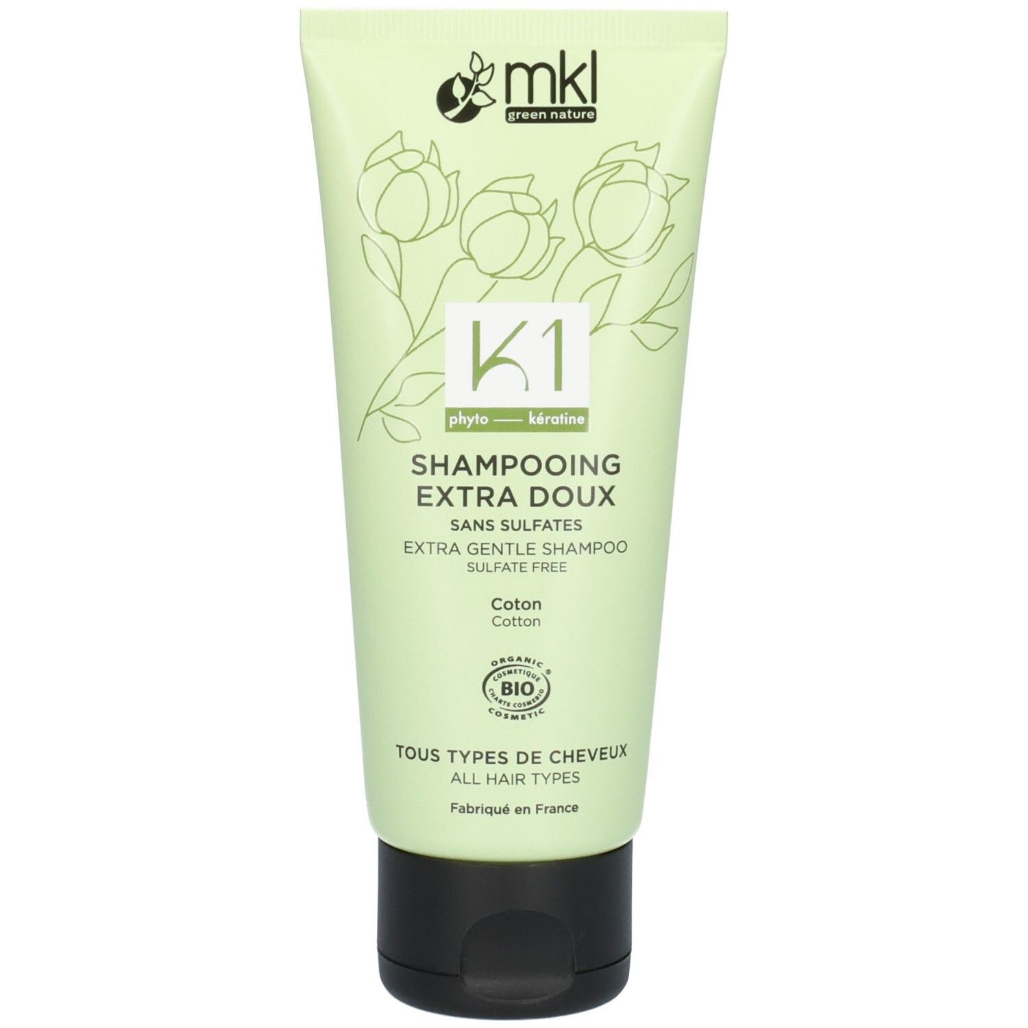 Tube MKL Green Nature K1 Shampooing Extra Doux 100ml avec design floral.