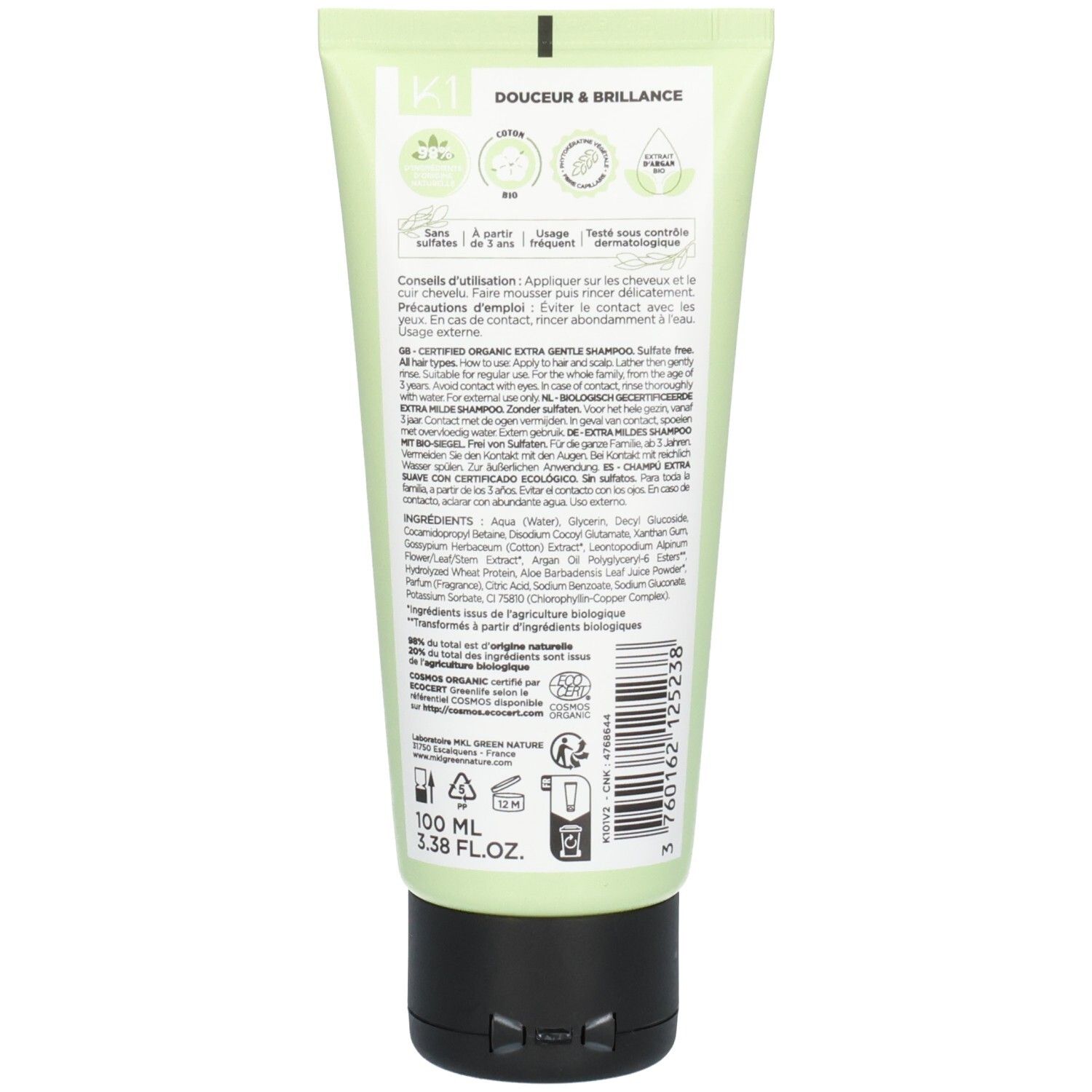 Arrière du tube MKL Green Nature K1 Shampooing Extra Doux avec instructions et ingrédients.
