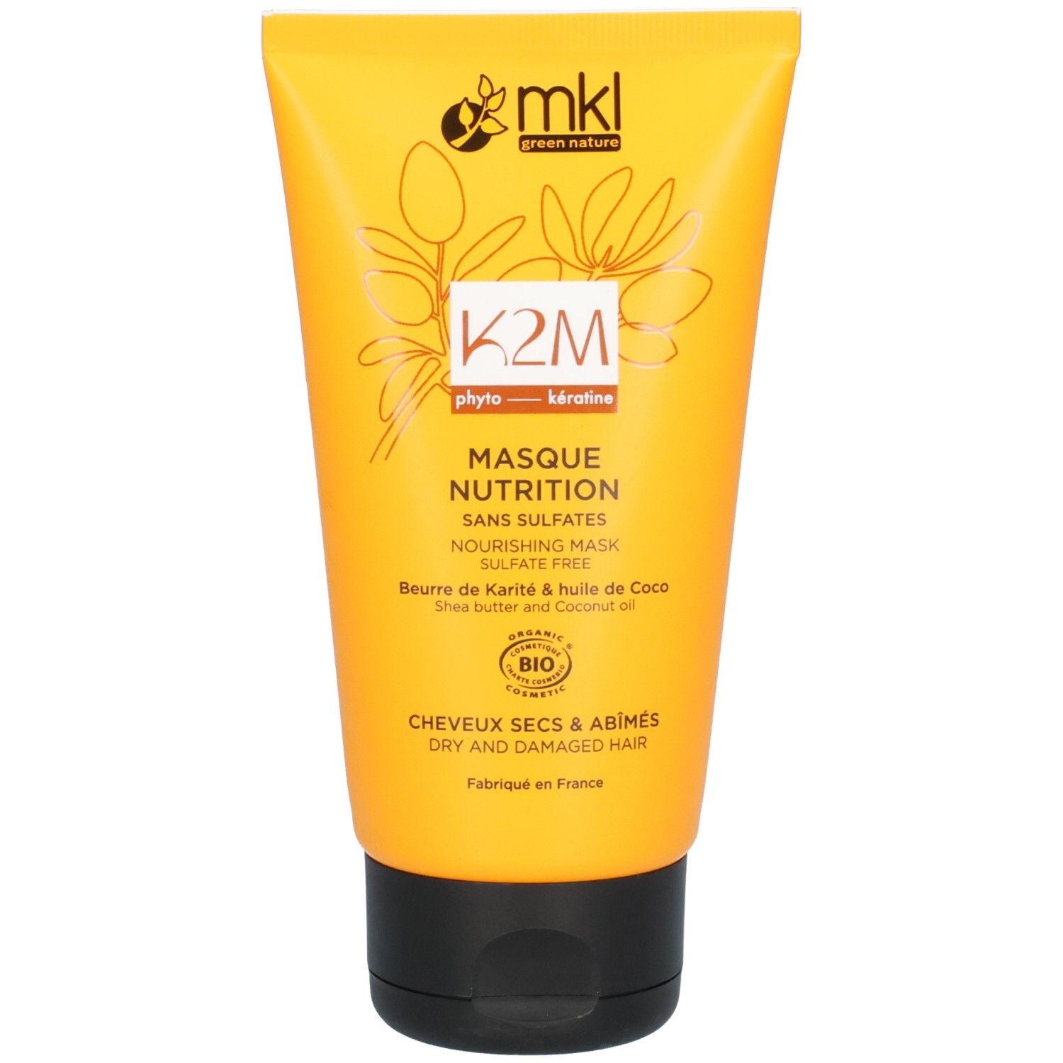 Tube orange avec Masque Nutrition K2M, pour cheveux secs et abîmés.