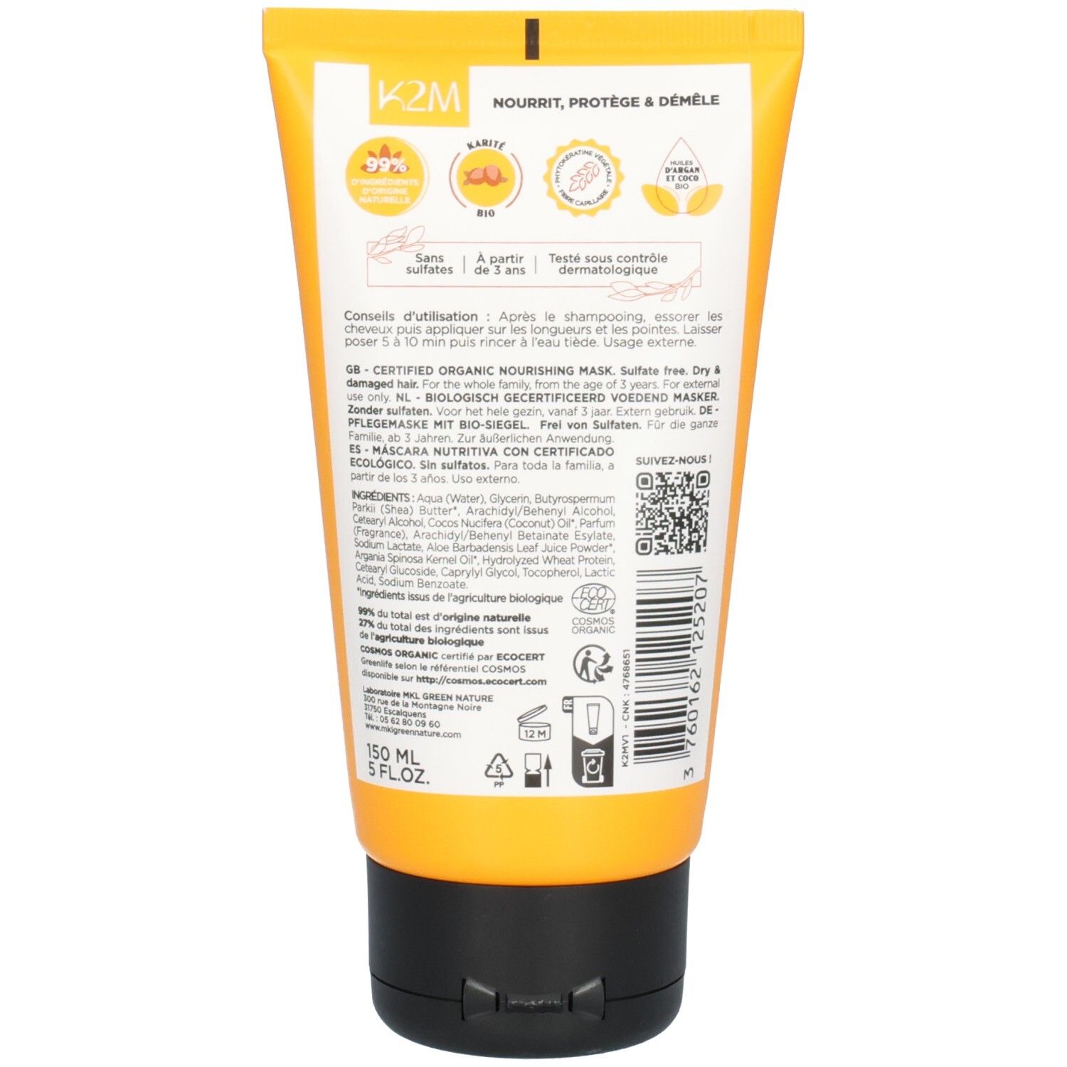Arrière d'un tube orange avec Masque Nutrition K2M, avec instructions et ingrédients.