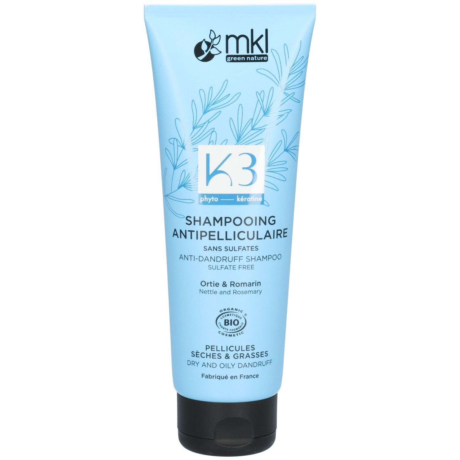 Tube bleu clair K3 Shampooing Antipelliculaire, label Bio et motif végétal.