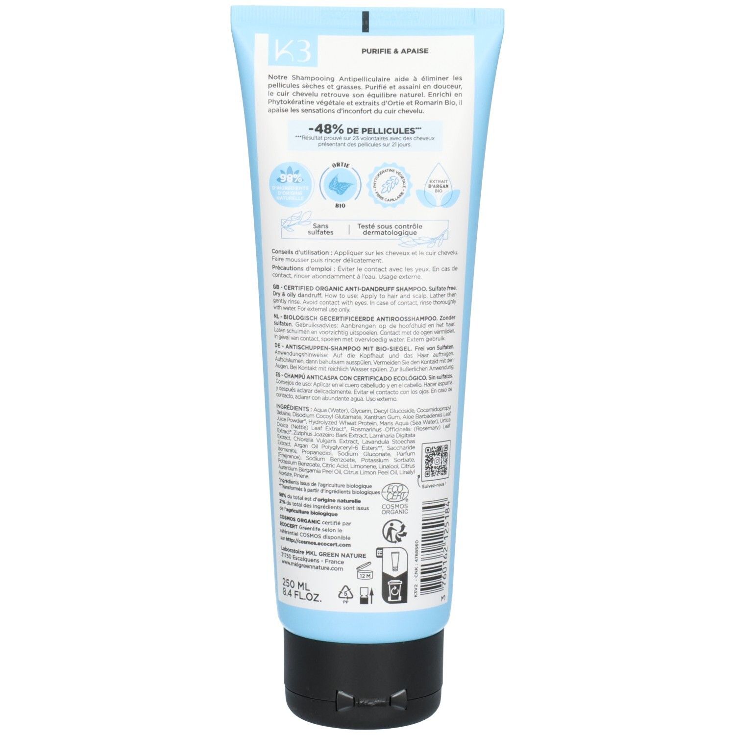 Dos d'un tube bleu clair K3 Shampooing Antipelliculaire, label Bio et instructions.
