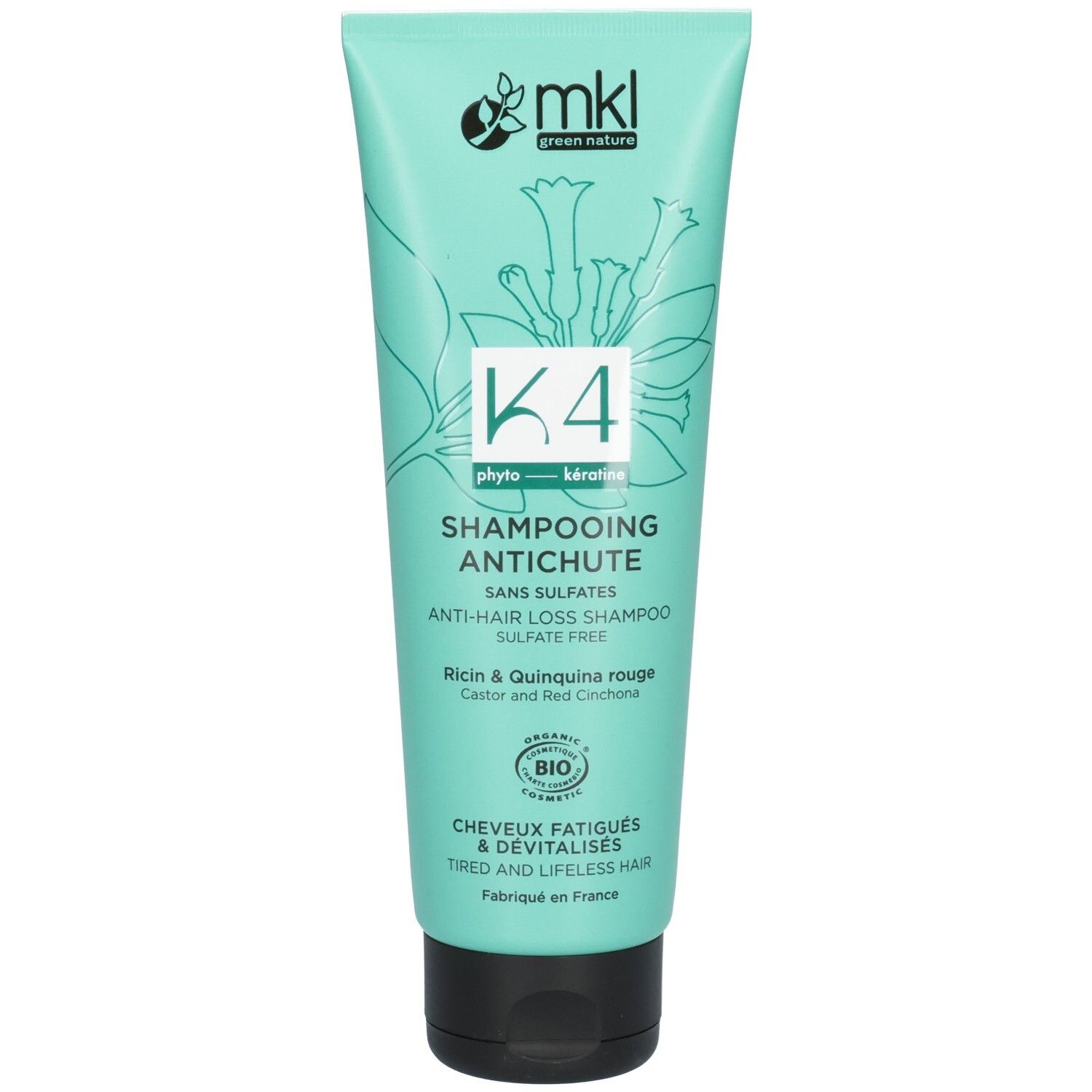 Tube de shampooing K4 Anti-Chute MKL Green Nature. Phyto-Kératine, certifié Bio. Pour cheveux fatigués.