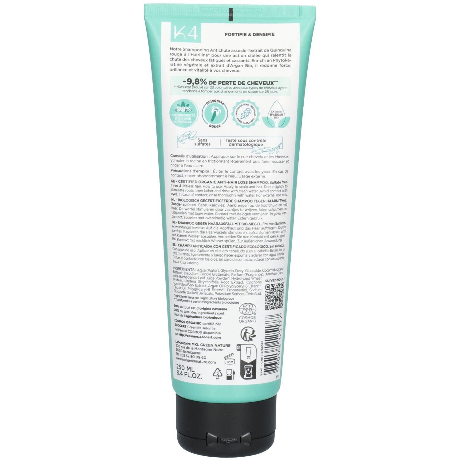 Arrière du tube de shampooing K4 Anti-Chute MKL Green Nature avec label Bio et instructions.