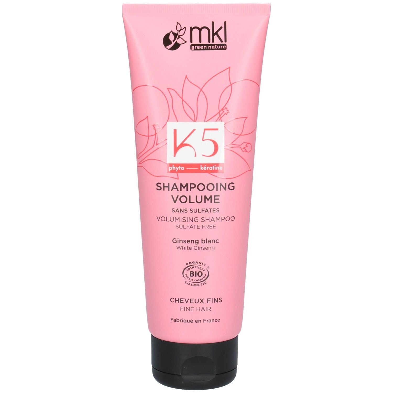 MKL Green Nature K5 Shampooing Volume pour cheveux fins, tube rose avec bouchon noir.