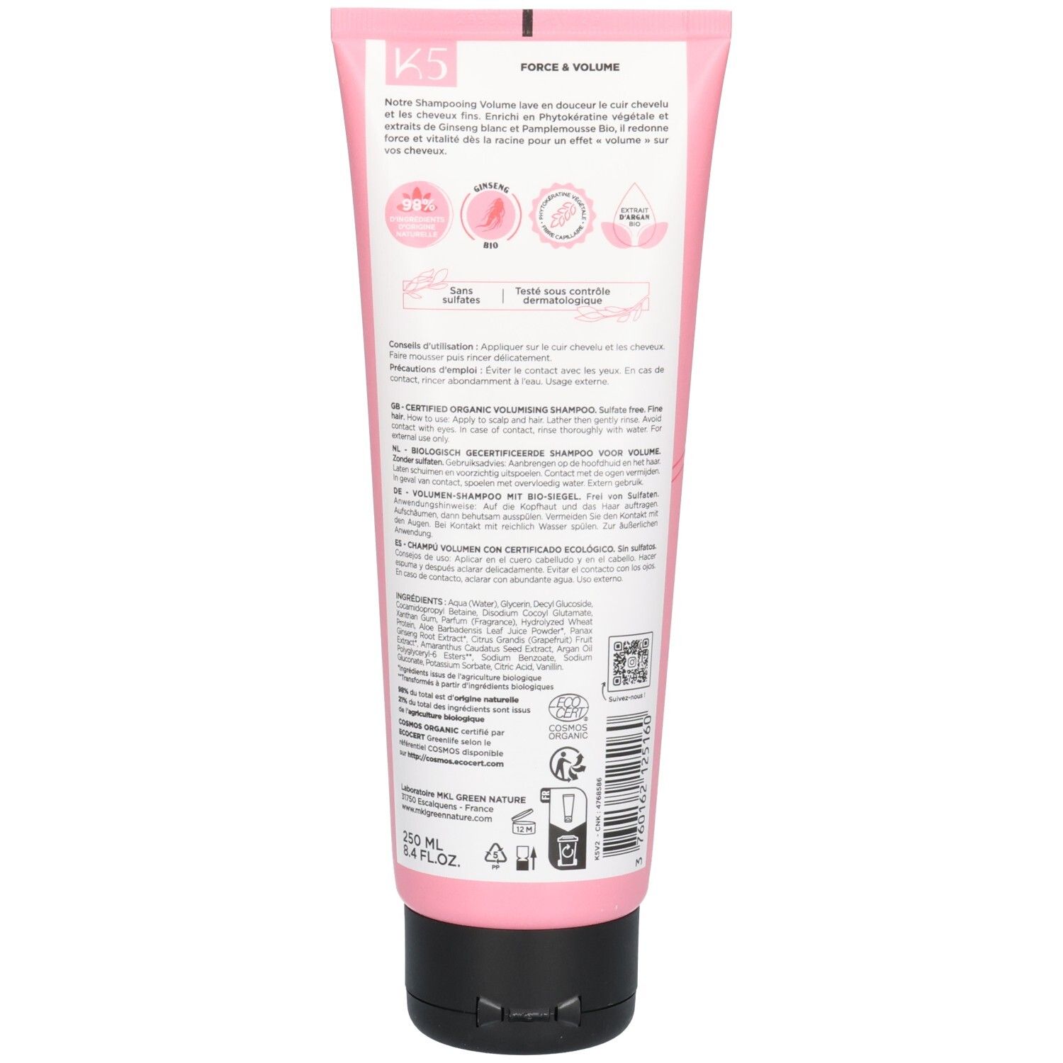 Dos du tube MKL Green Nature K5 Shampooing Volume pour cheveux fins, rose avec détails noirs.