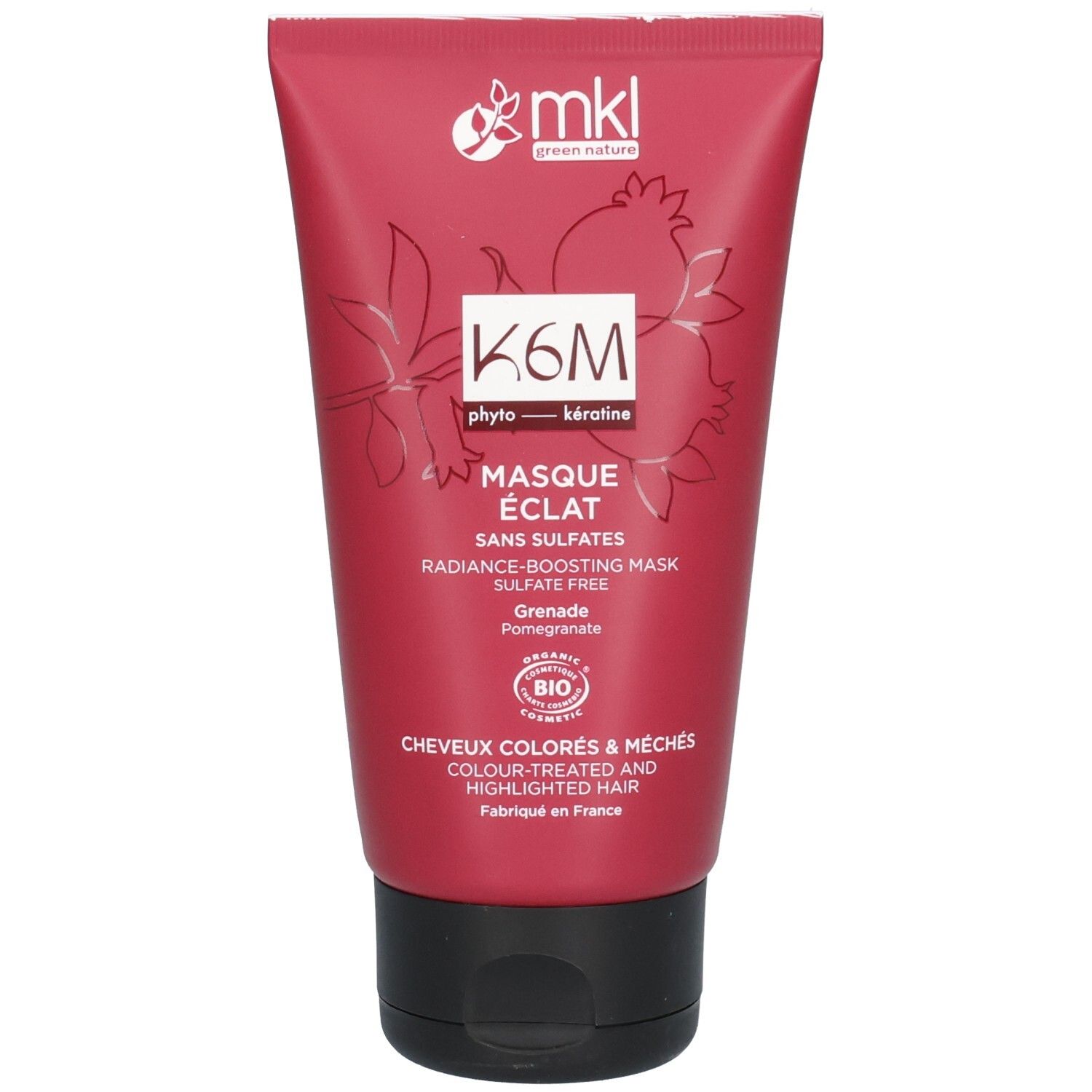 Tube rouge MKL Green Nature K6M Masque Éclat pour cheveux colorés, avec symboles grenade et label Bio.